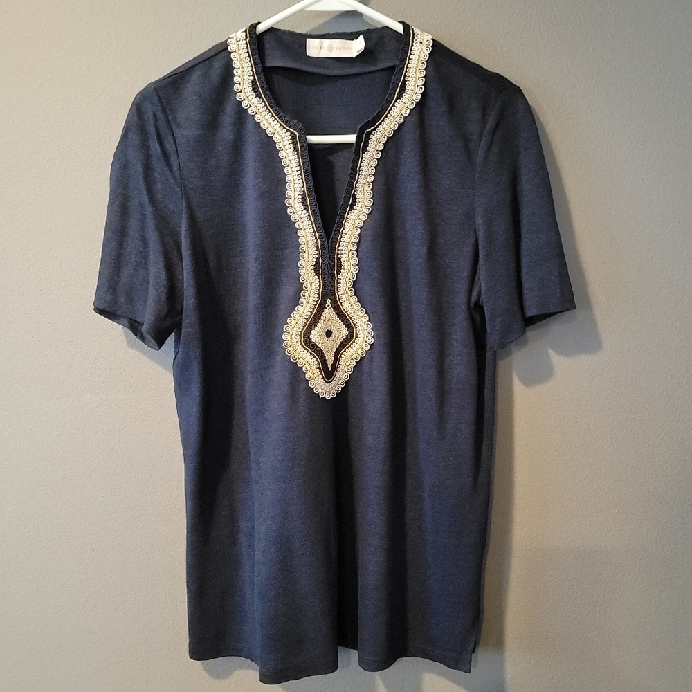 Tory Burch Blue Embroidered Bohemian Tee Women's Small